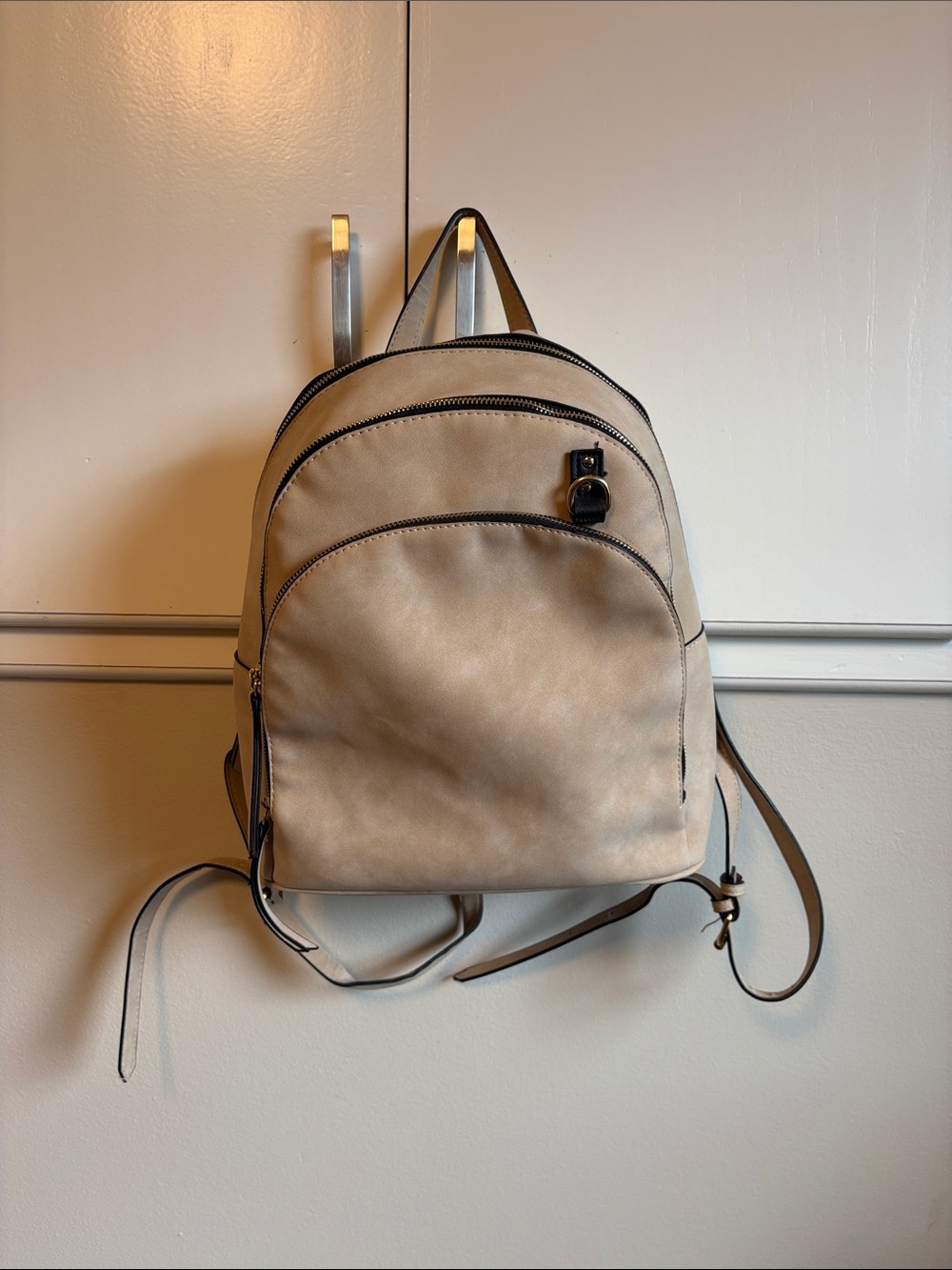 Neutral Faux Leather Purse Backpack - Beige
